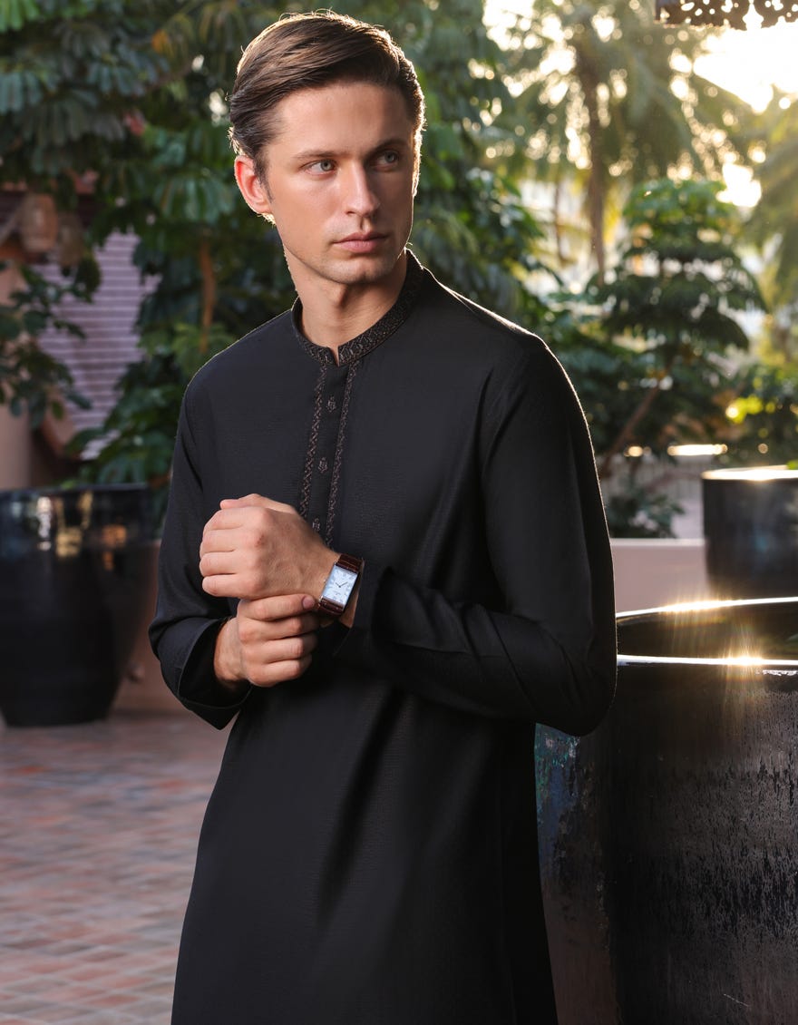 Black Blended Men's Kurta | Jjk-S-32817