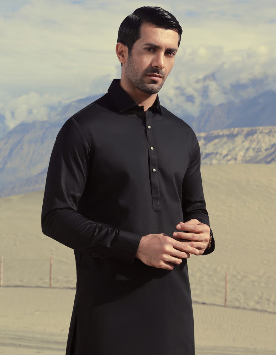Black Cotton Men's Kameez Shalwar | Jjks-W-32822