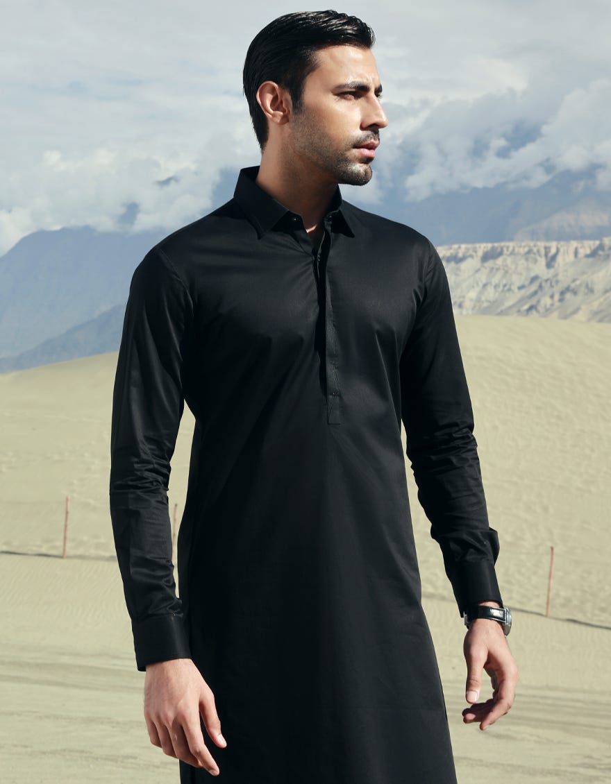 Black Cotton Men's Kameez Shalwar | Jjks-S-32823