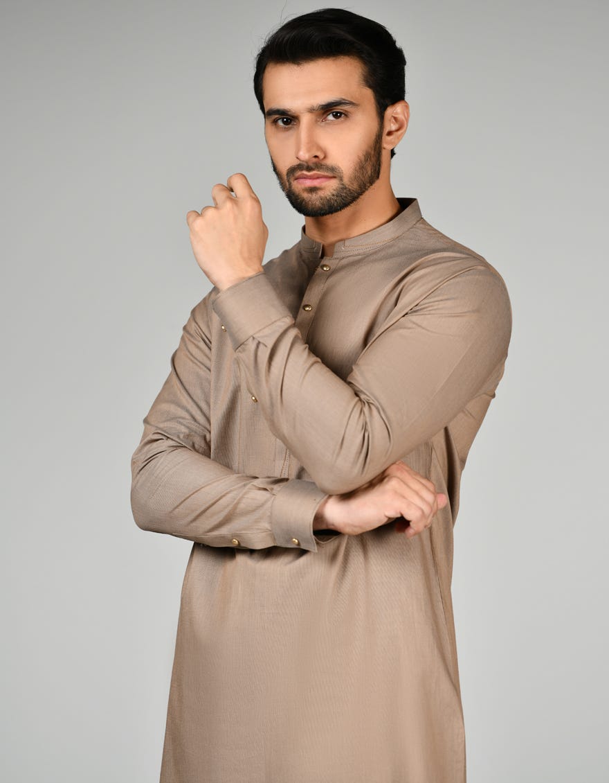 Brown Cotton Men's Kameez Shalwar | Jjks-A-32827