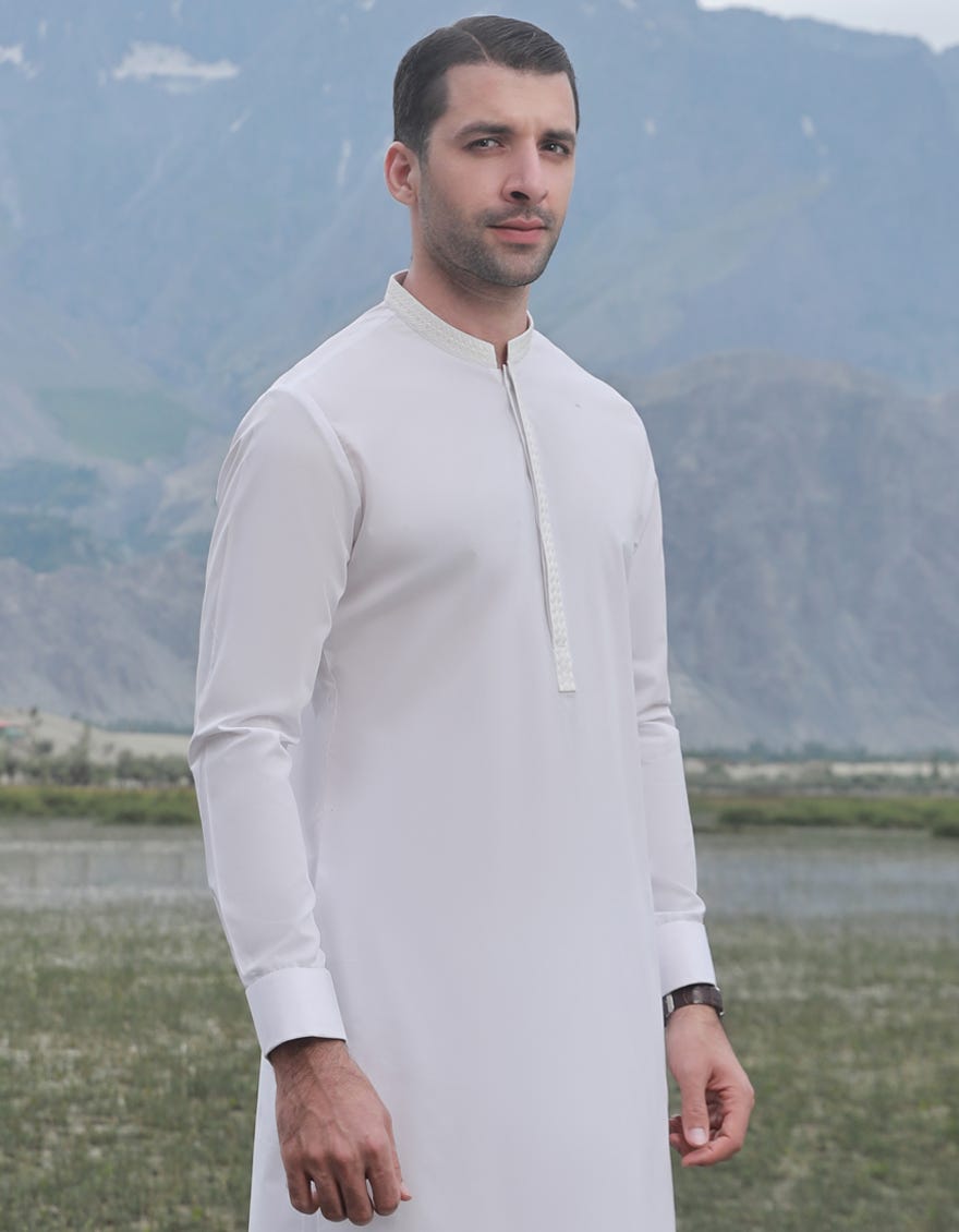 White Blended Men's Kameez Shalwar | Jjks-W-32830