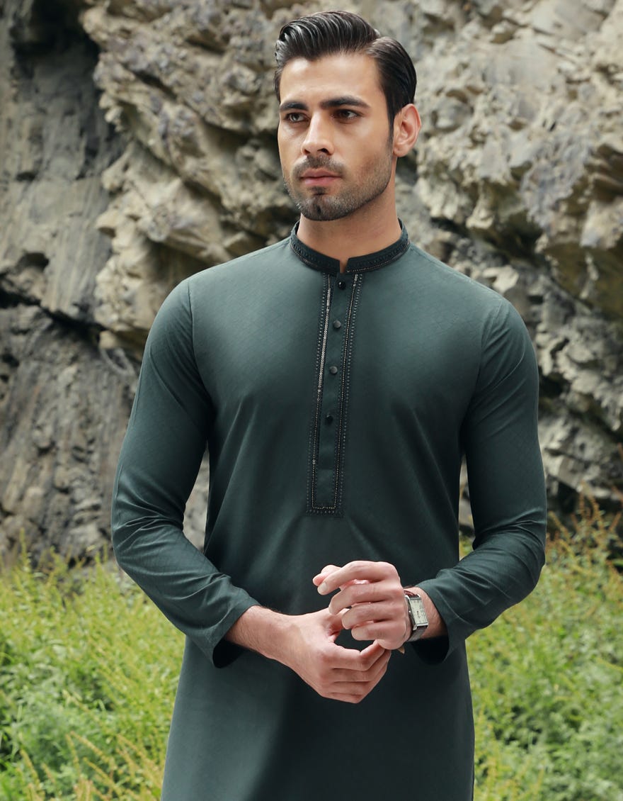 Dark Green Blended Men's Kurta | Jjk-A-32841