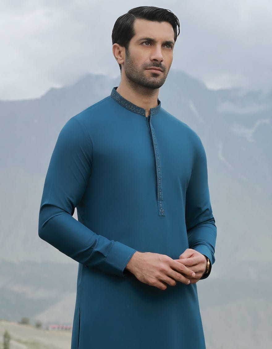 Prussian Blue Blended Men's Kameez Shalwar | Jjks-W-32845
