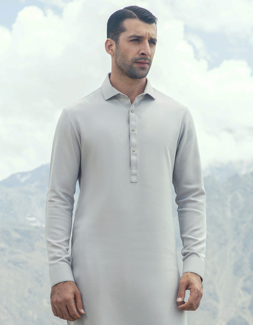 Light Grey Blended Men's Kameez Shalwar | Jjks-W-32846