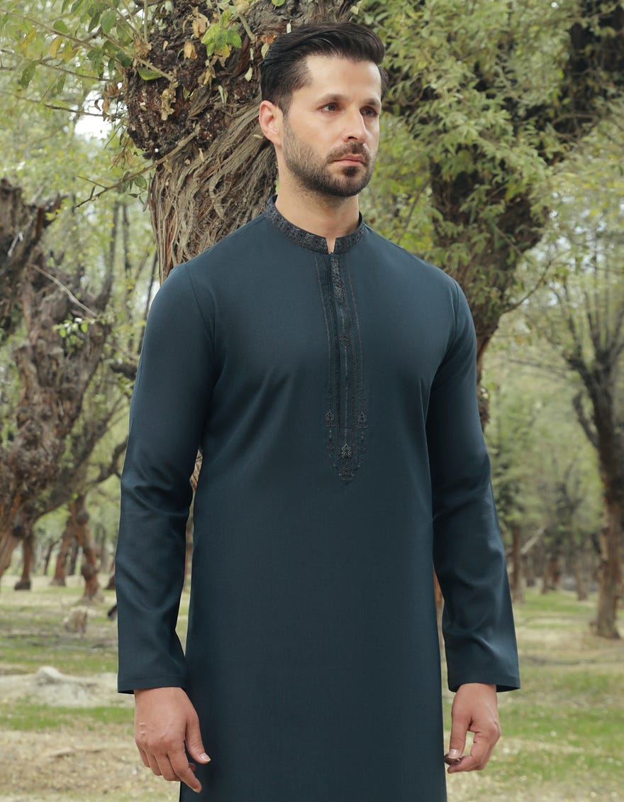Midnight Blue Blended Men's Kameez Shalwar | Jjks-A-32847