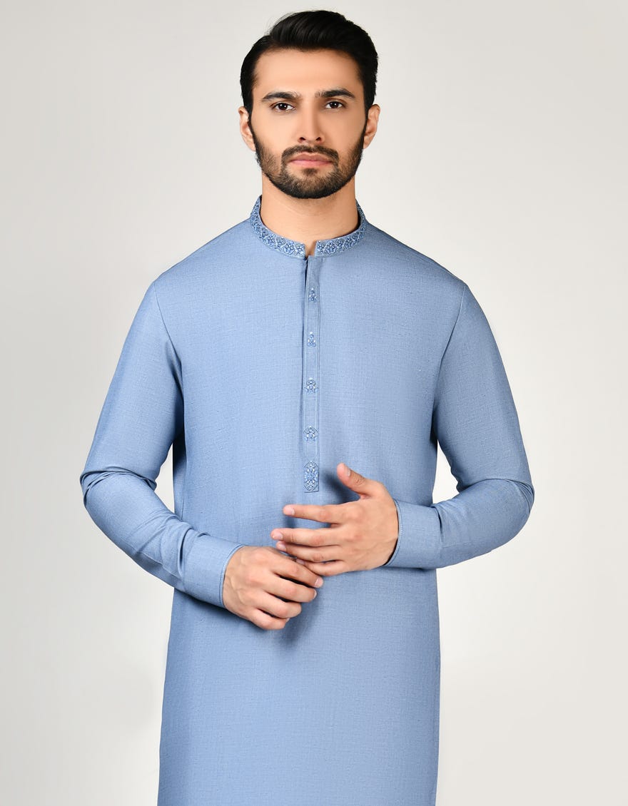 Blue Blended Men's Kameez Shalwar | Jjks-W-32850