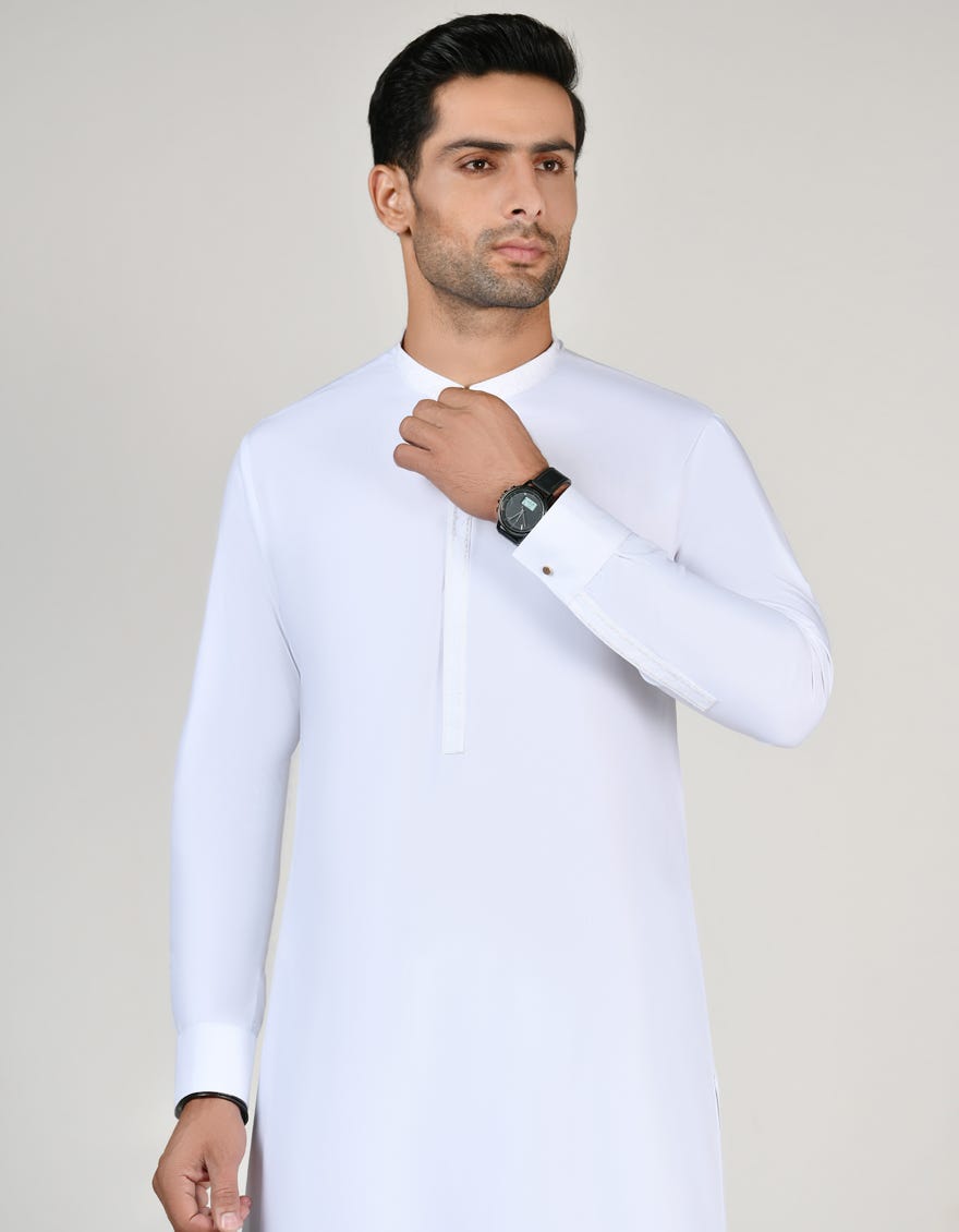 White Blended Men's Kameez Shalwar | Jjks-A-32853