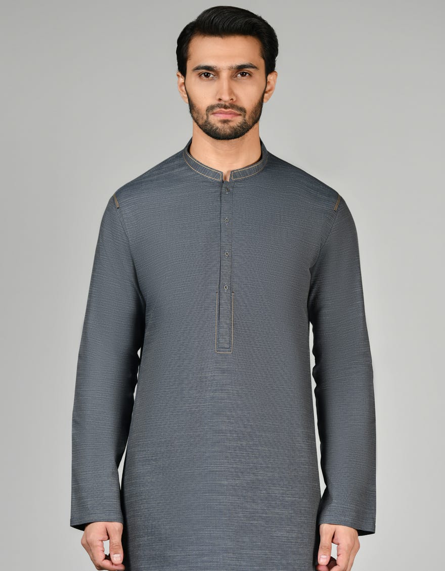 Grey-Blue Cotton Men's Kurta | Jjk-A-32858