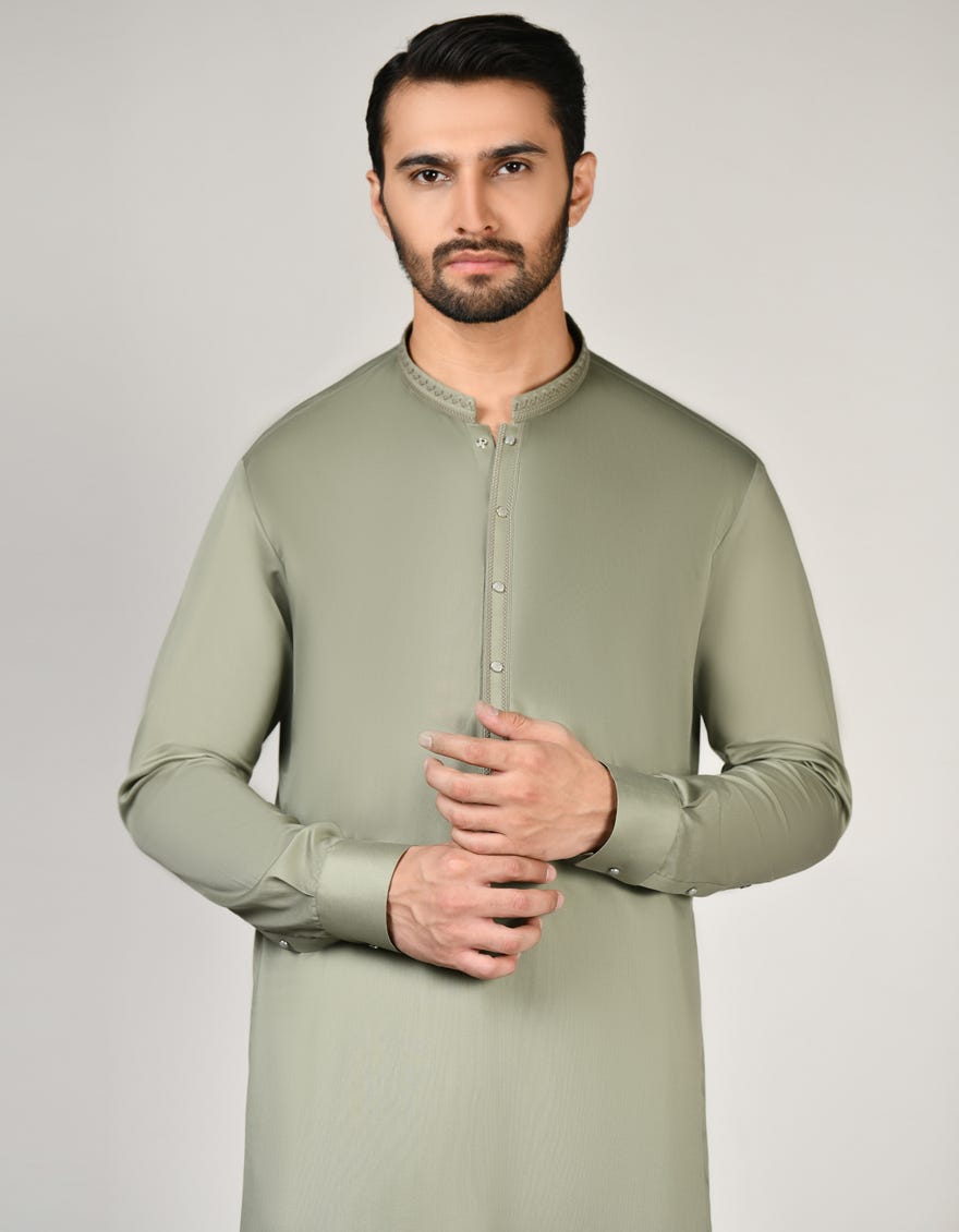 Green Cotton Men's Kameez Shalwar | Jjks-A-32862