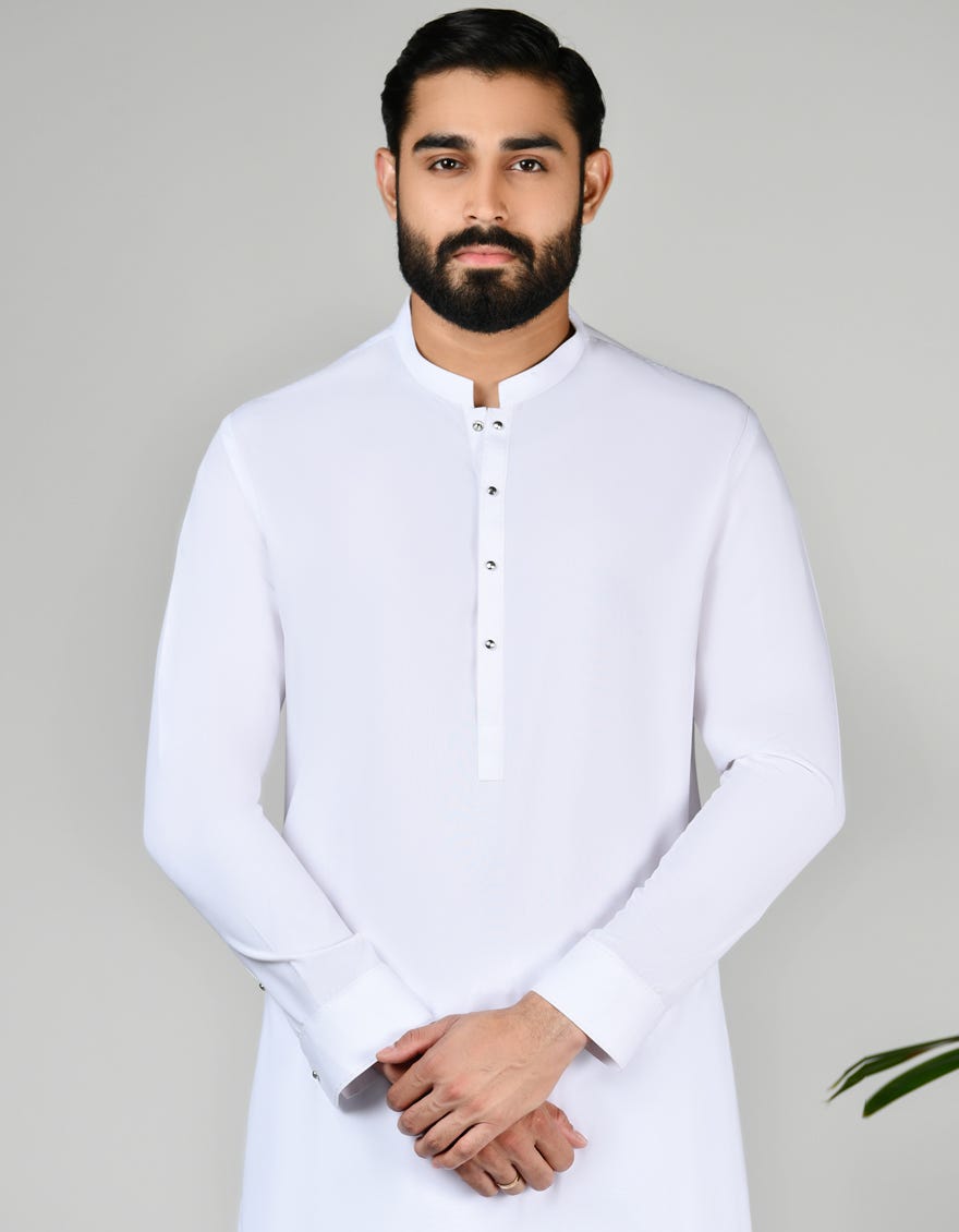 White Blended Men's Kameez Shalwar | Jjks-S-32865