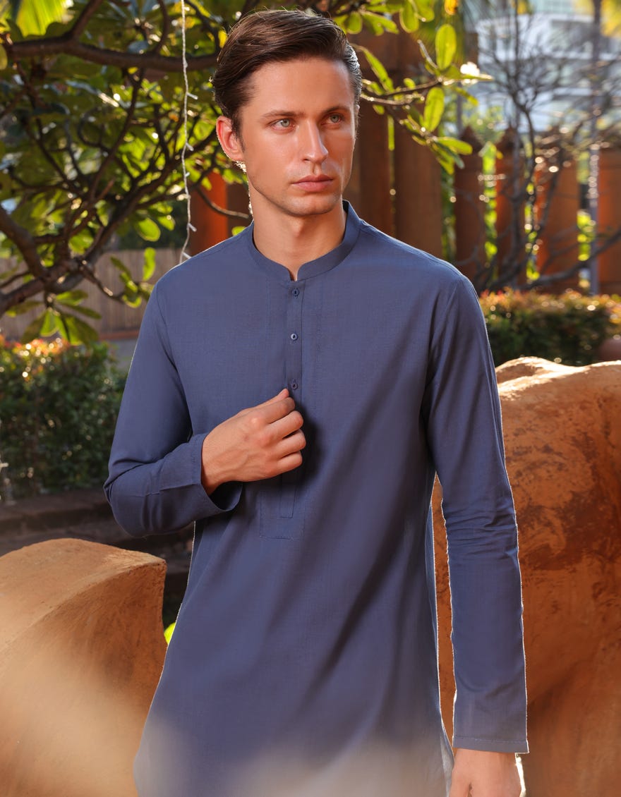 Slate Blue Cotton Men's Kurta | Jjk-A-32868