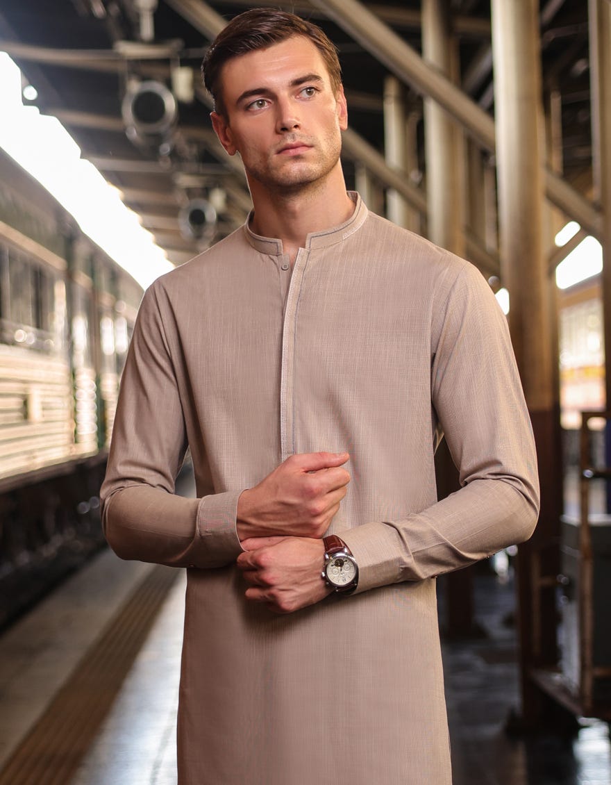 Beige Cotton Men's Kameez Shalwar | Jjks-S-32869
