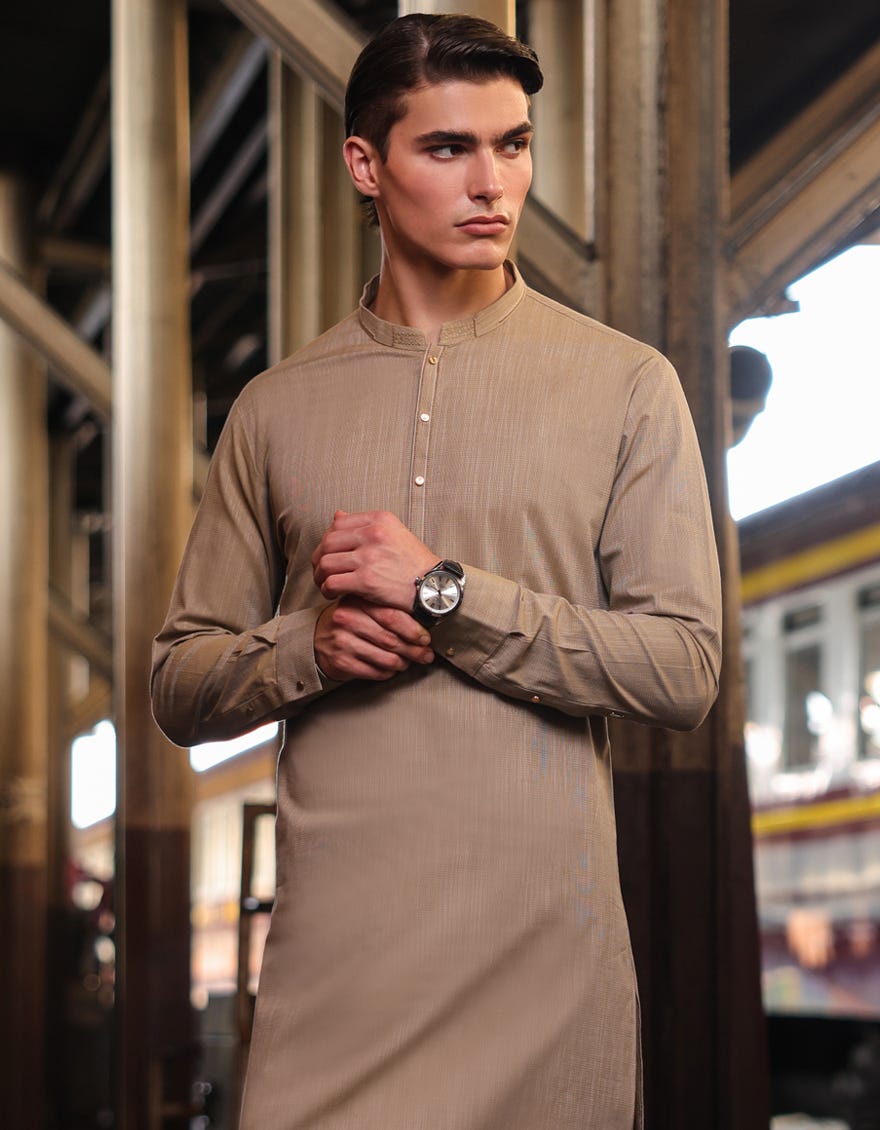 Beige Cotton Men's Kameez Shalwar | Jjks-S-32874