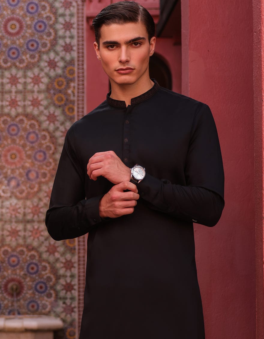 Black Cotton Men's Kameez Shalwar | Jjks-S-32886