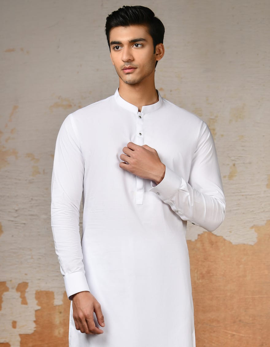 White Cotton Men's Kameez Shalwar | Jjks-S-32887