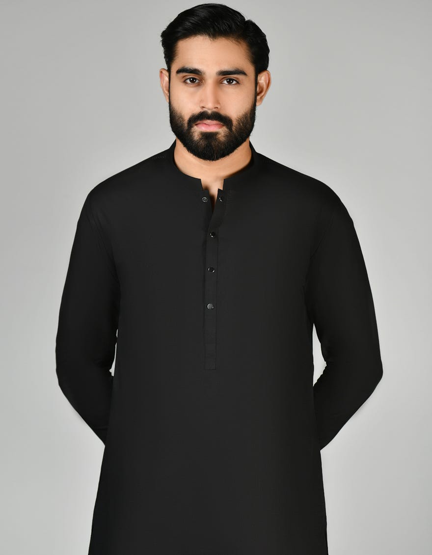 Black Cotton Men's Kameez Shalwar | Jjks-S-32888