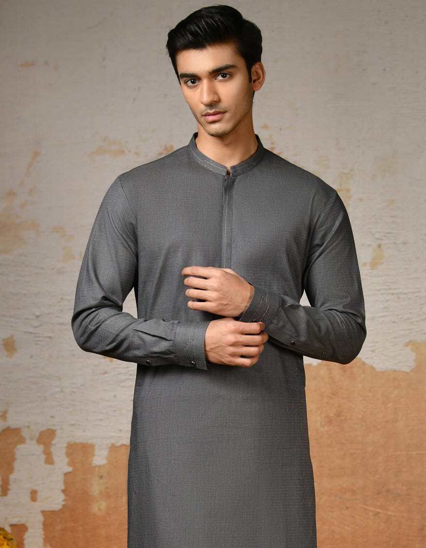 Dark Grey Cotton Men's Kameez Shalwar | Jjks-S-32893