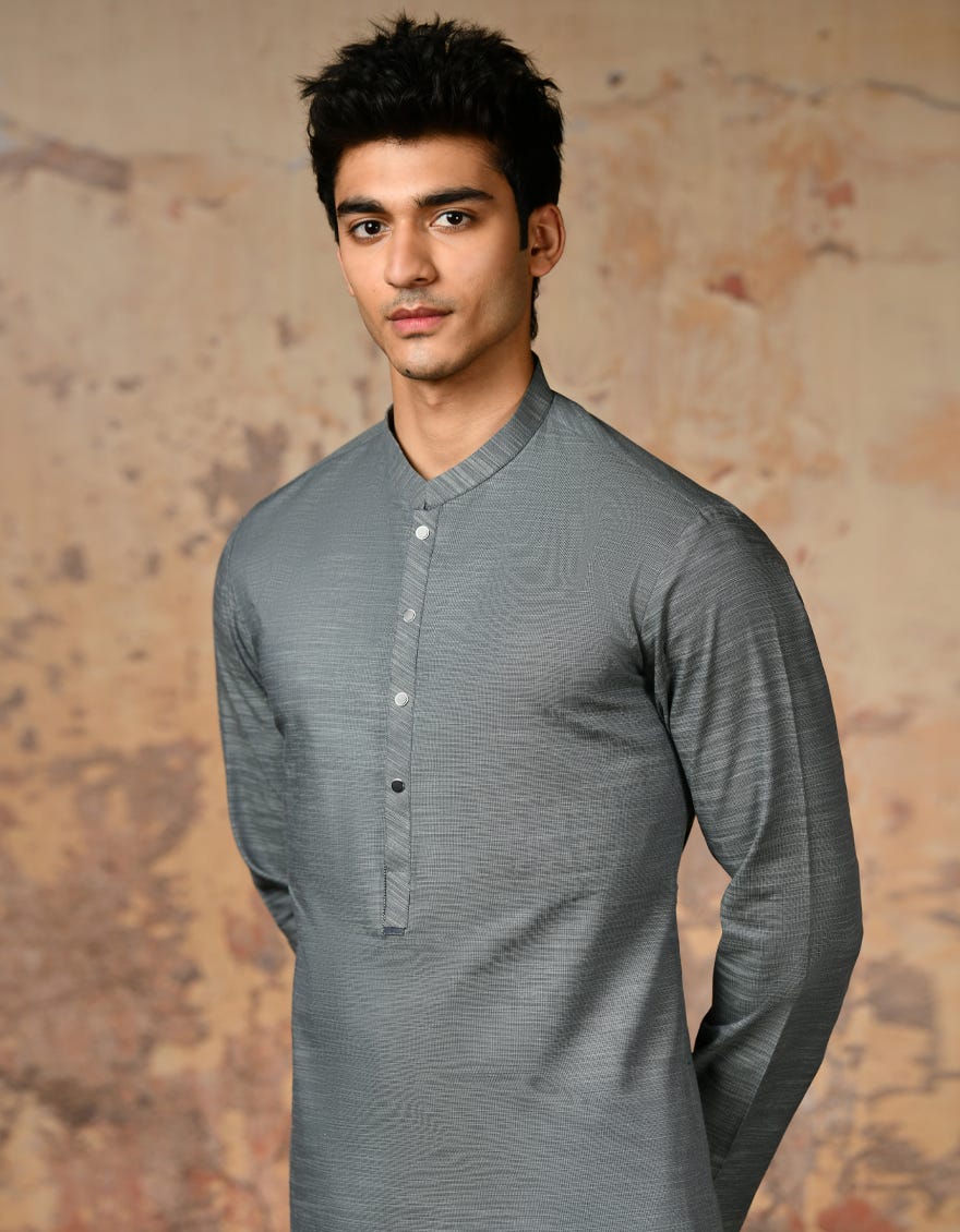 Greyish Green Cotton Men's Kurta | Jjk-S-32895