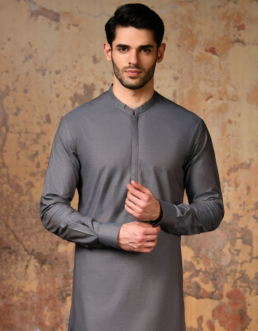 Grey Blue Cotton Men's Kameez Shalwar | Jjks-A-32899