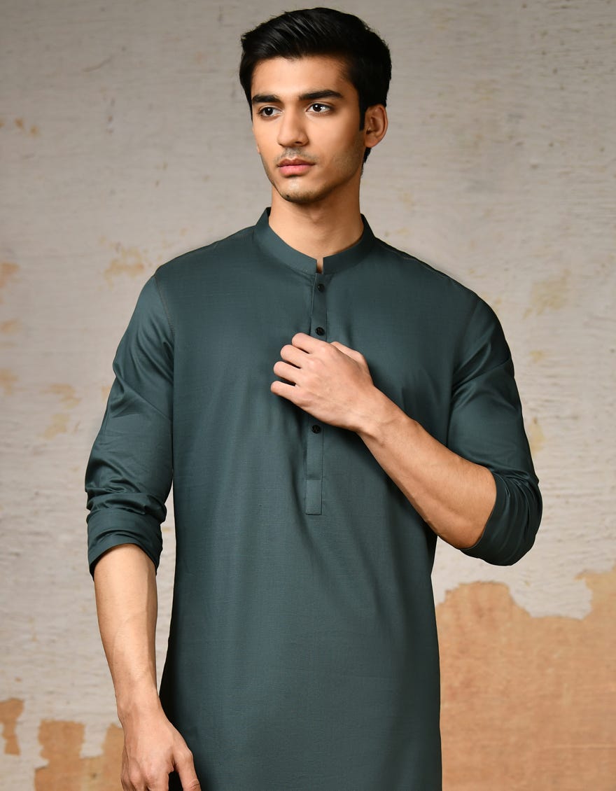 Dark Green Cotton Men's Kurta | Jjk-S-32910