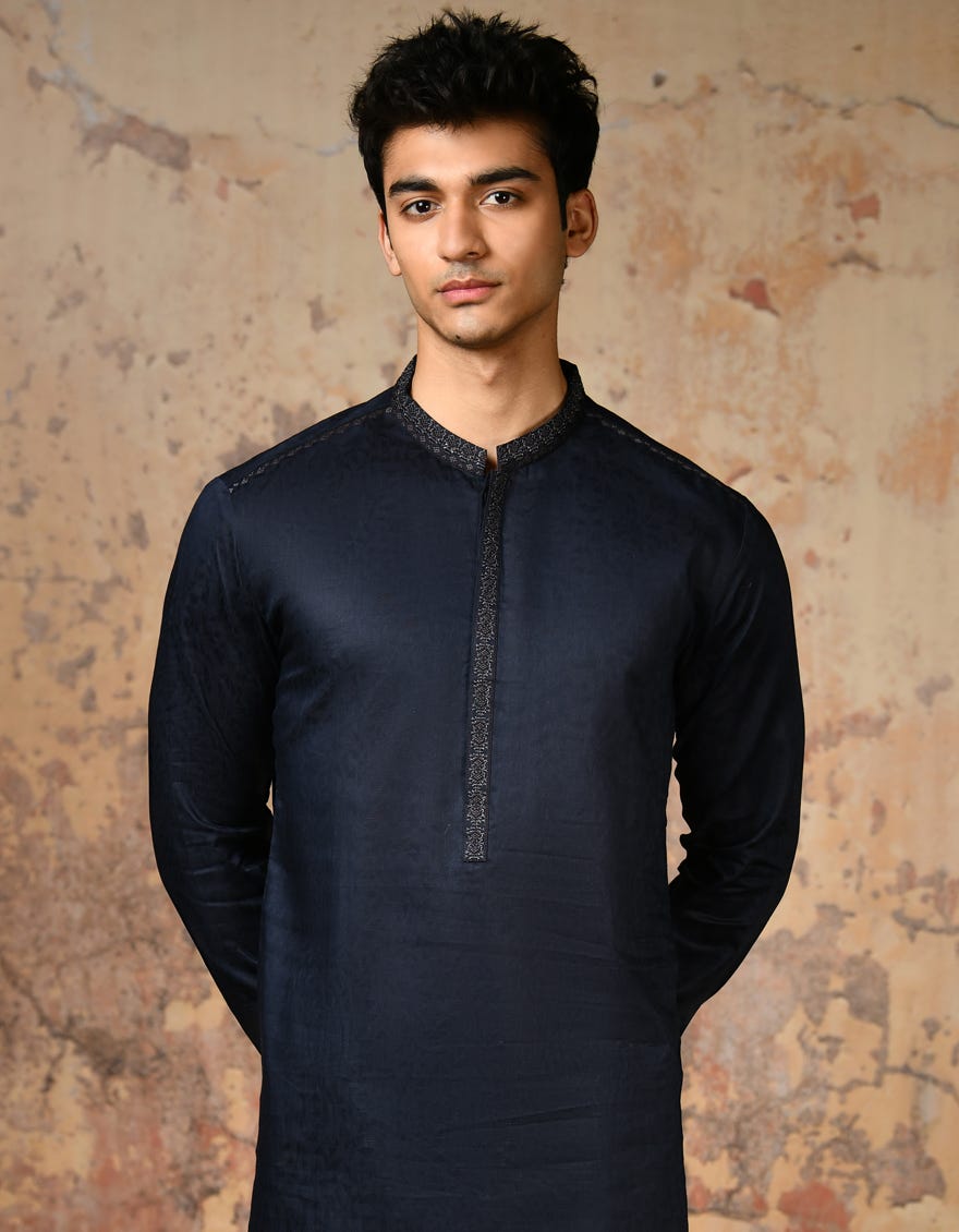 Navy Blue Blended Formal Men's Kurta | Jjk-S-32912