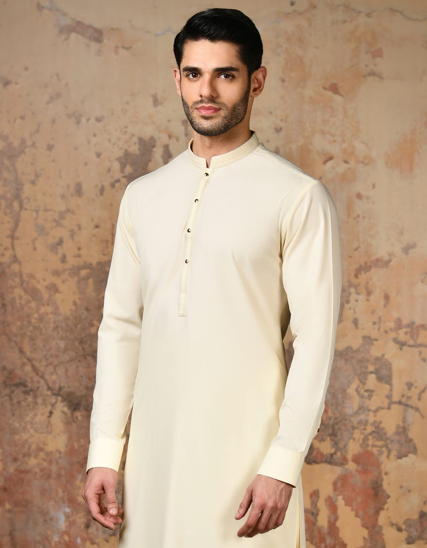 Cream Blended Men's Kameez Shalwar | Jjks-A-32914
