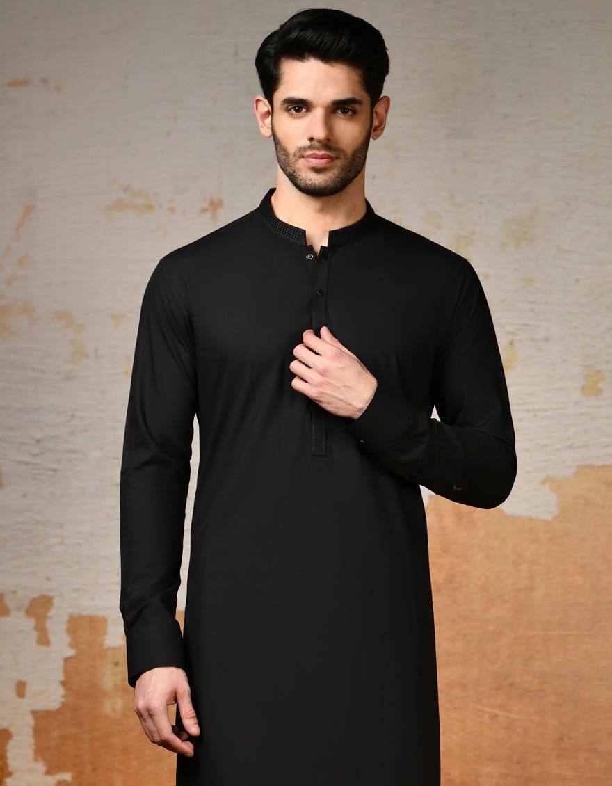 Black Blended Men's Kameez Shalwar | Jjks-A-32915