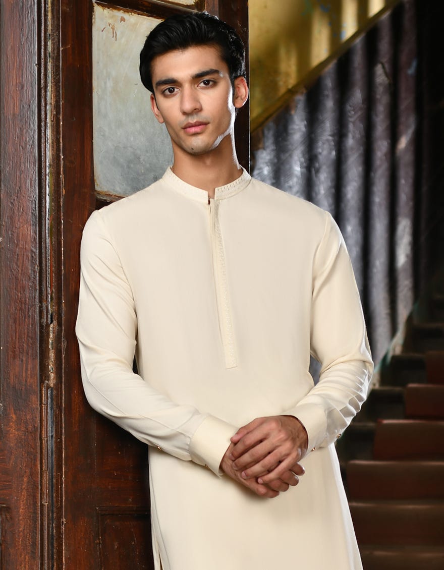 Cream Blended Men's Kameez Shalwar | Jjks-A-32916