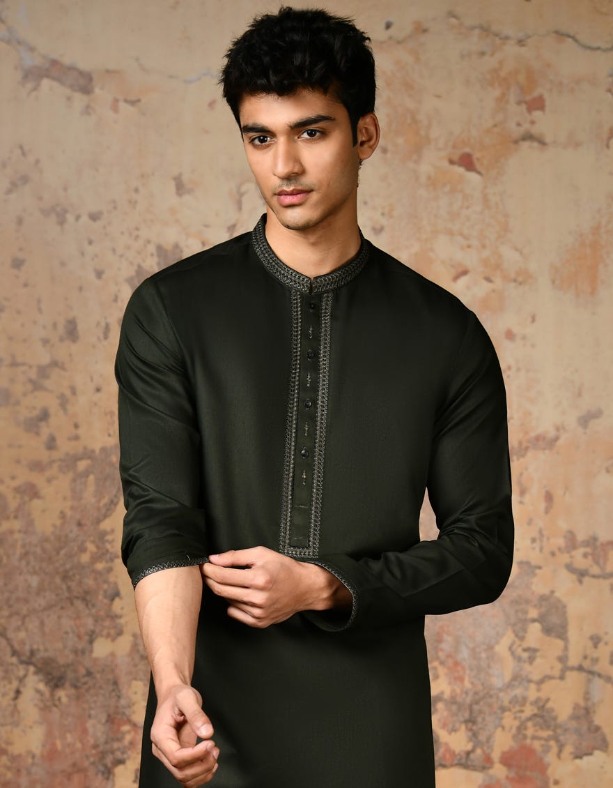 Forest Green Blended Men's Kurta | Jjk-A-32917