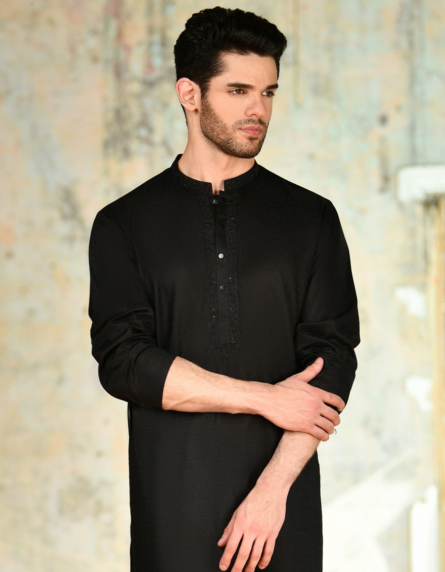 Black Blended Men's Kurta | Jjk-S-32931