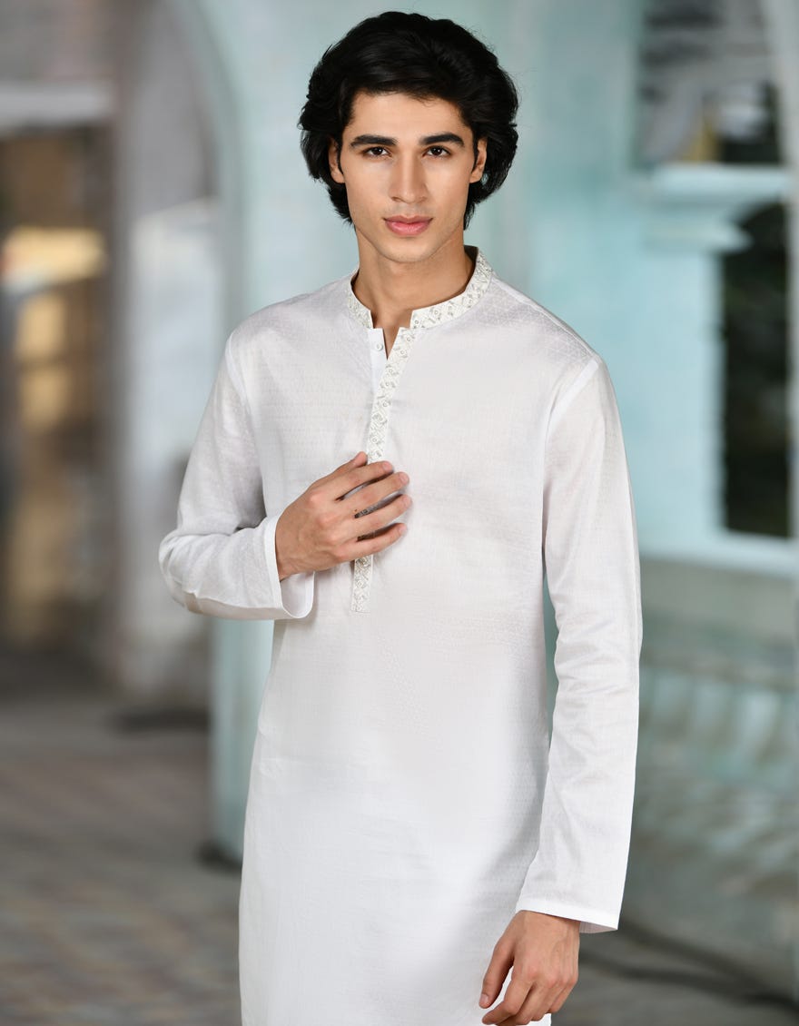 White Blended Men's Kurta | Jjk-S-32932