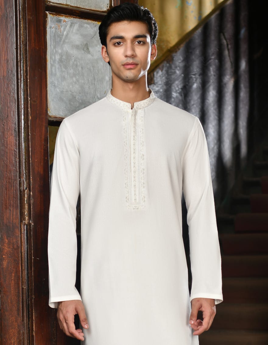 White Blended Men's Kameez Shalwar | Jjks-A-32935