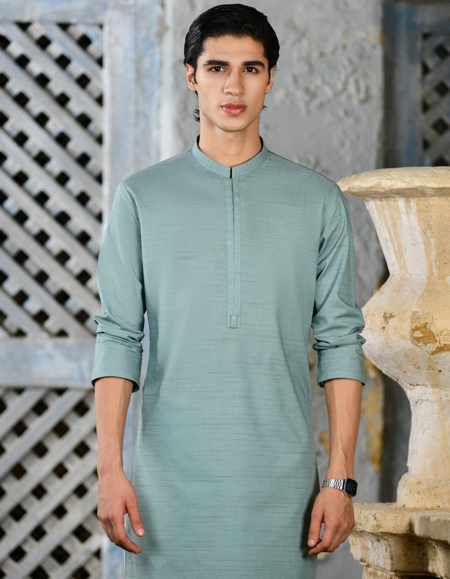 Dull Green Blended Men's Kurta | Jjk-A-32938