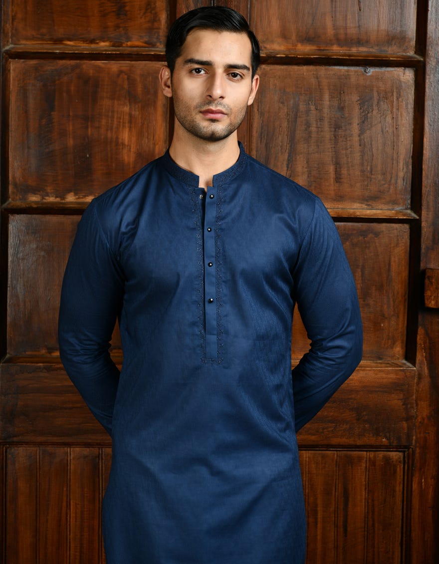 Prussian Blue Blended Men's Kurta | Jjk-S-32945