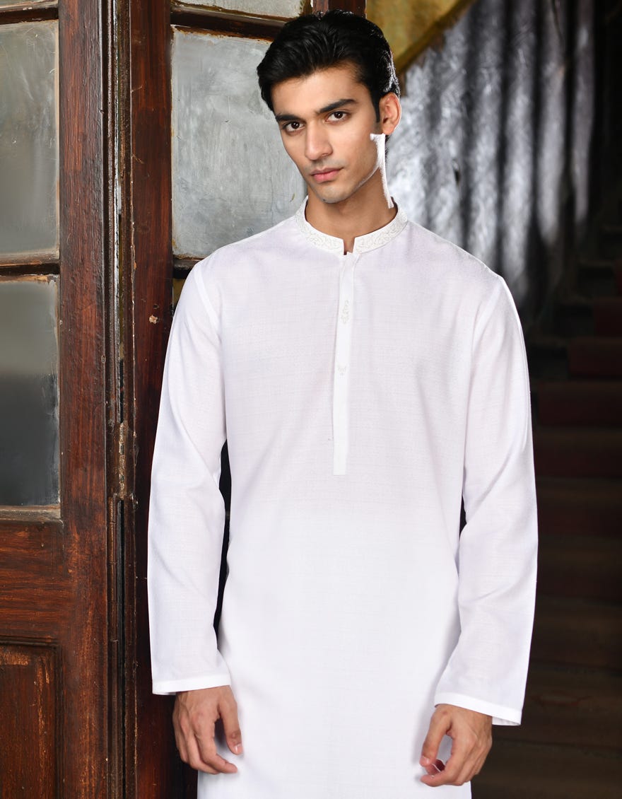 White Blended Men's Kurta | Jjk-S-32946