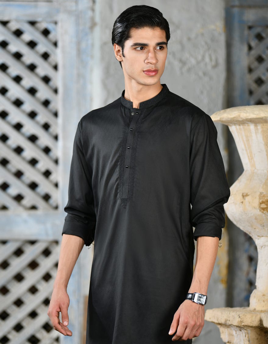 Black Blended Men's Kurta | Jjk-S-32948