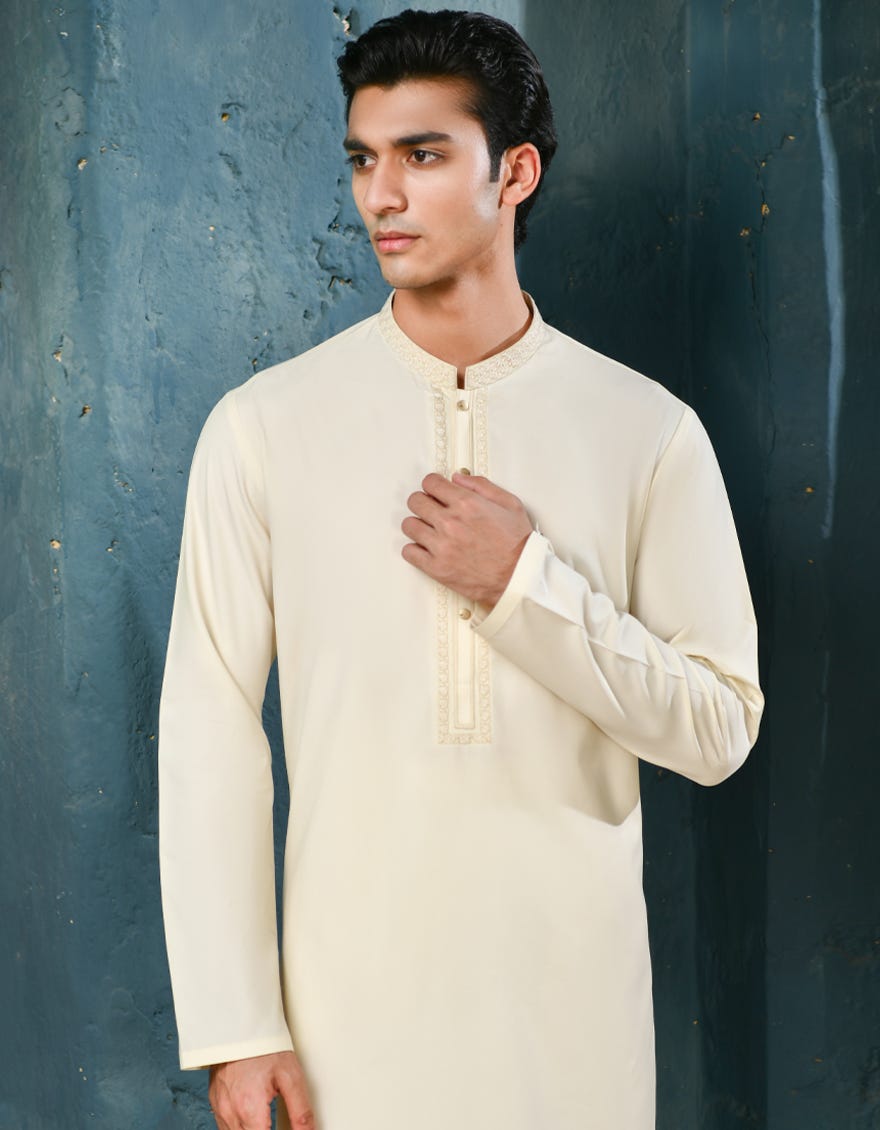 Cream Blended Men's Kameez Shalwar | Jjks-A-32950