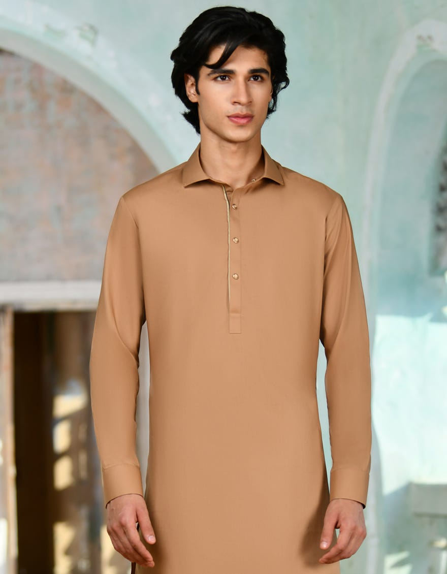 Light Brown Cotton Men's Kameez Shalwar | Jjks-S-32952