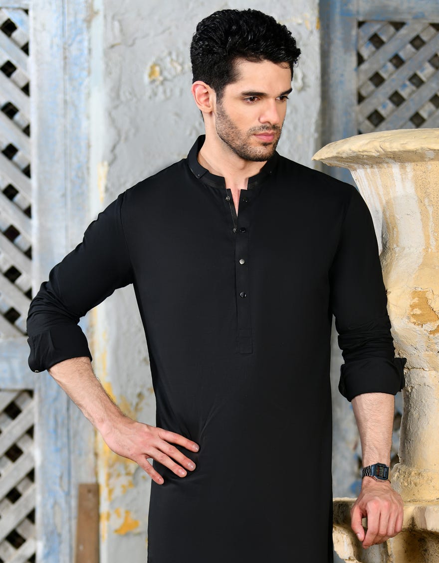 Black Cotton Men's Kameez Shalwar | Jjks-S-32953