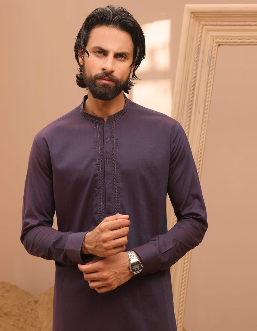 Deep Purple Cotton Men's Kameez Shalwar | Jjks-S-32956
