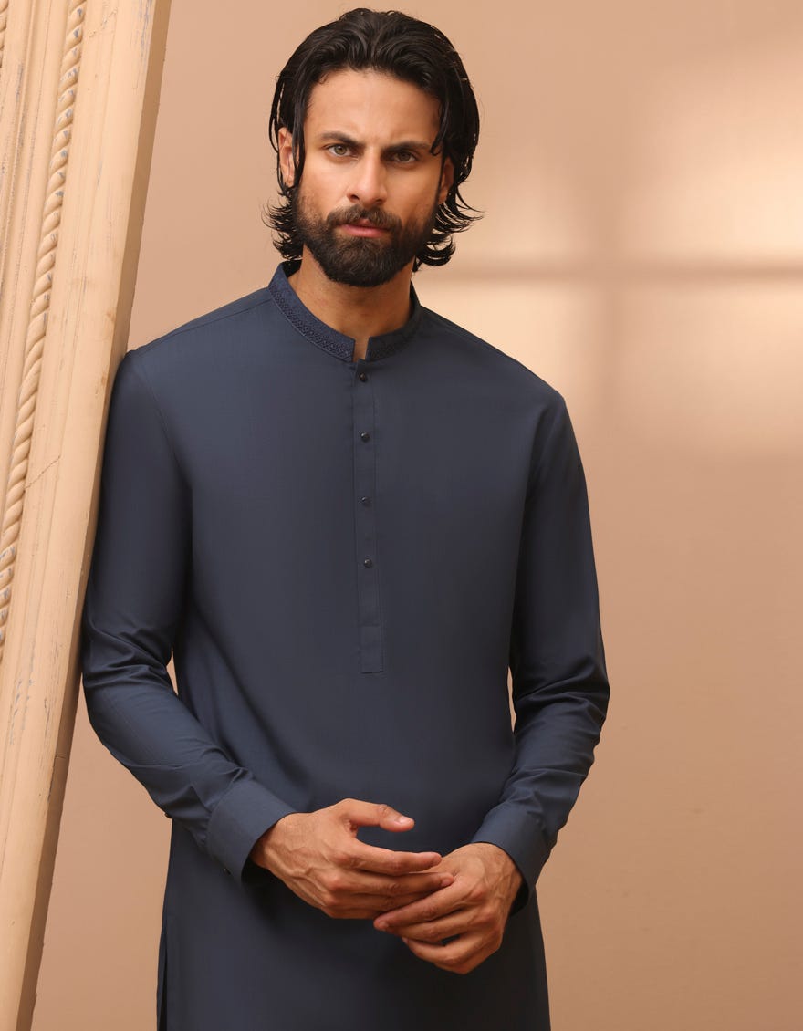 Midnight Blue Blended Men's Kameez Shalwar | Jjks-A-32959
