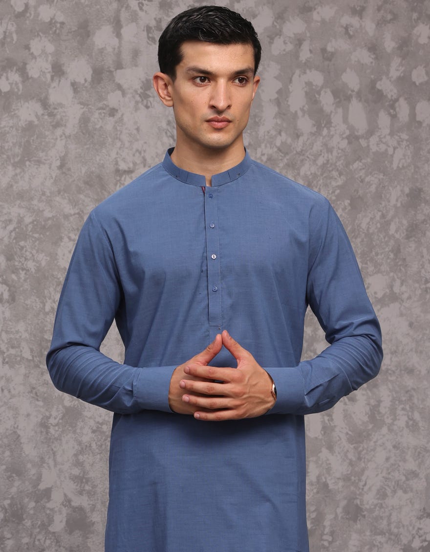 Dull Blue Cotton Men's Kameez Shalwar | Jjks-S-32960