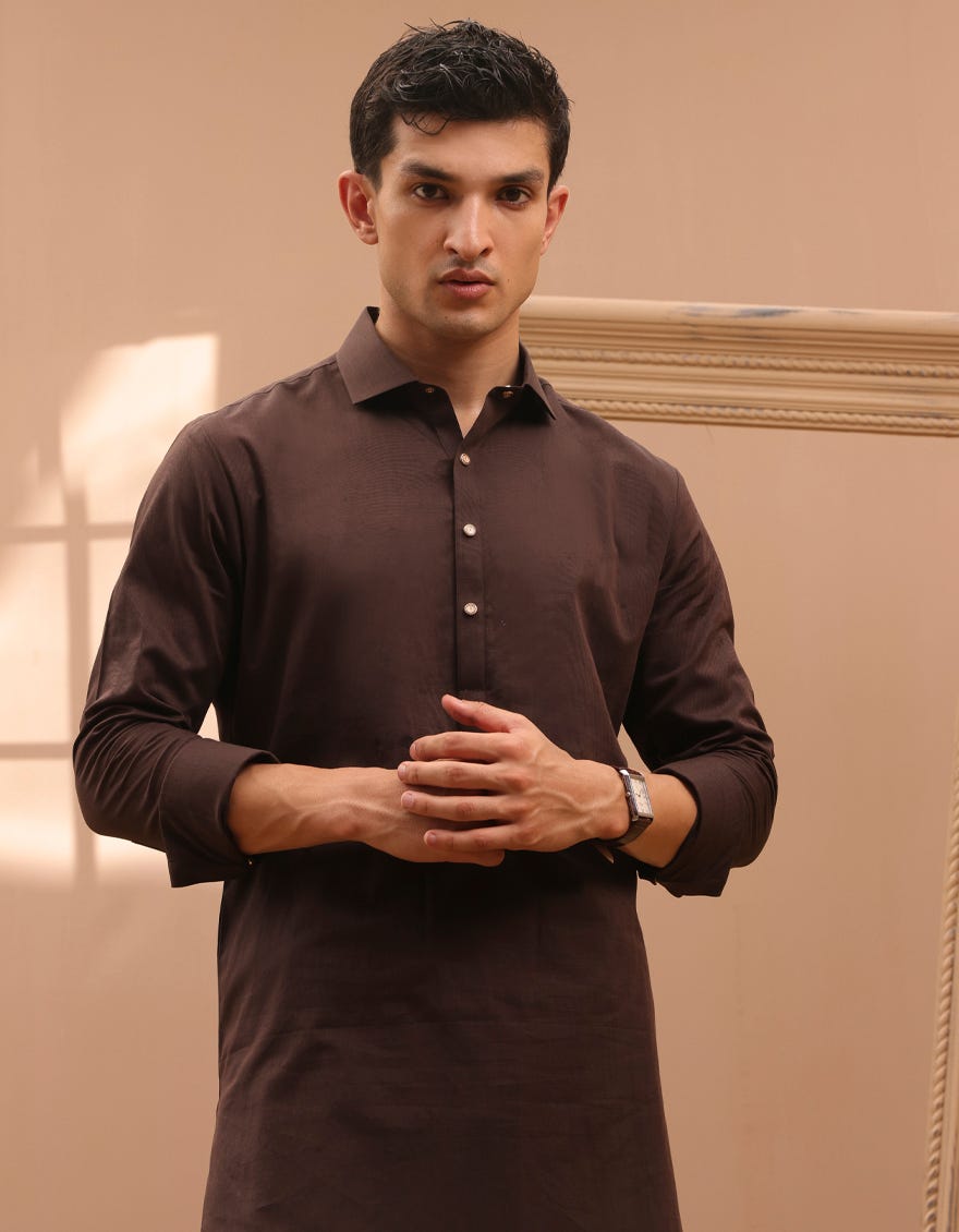 Brown Blended Men's Kameez Shalwar | Jjks-A-32965