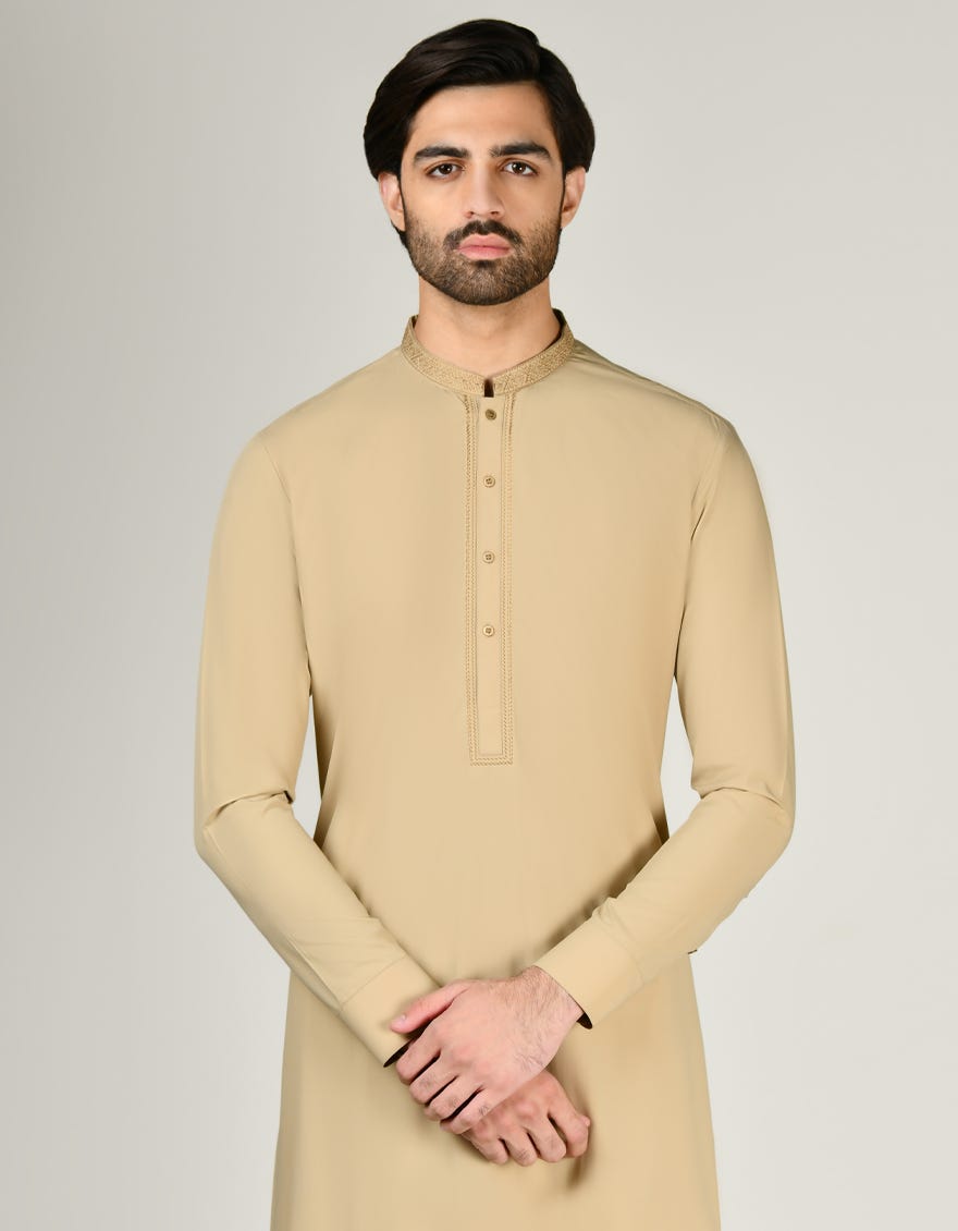 Beige Blended Men's Kameez Shalwar | Jjks-A-32972