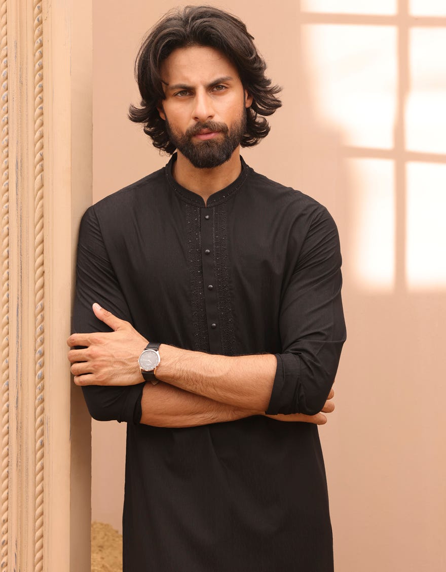 Black Blended Men's Kurta | Jjk-A-32976
