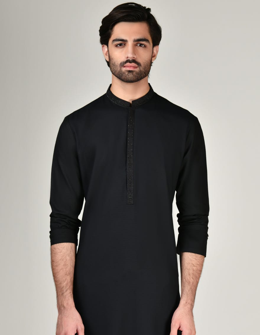 Black Blended Men's Kameez Shalwar | Jjks-S-32977