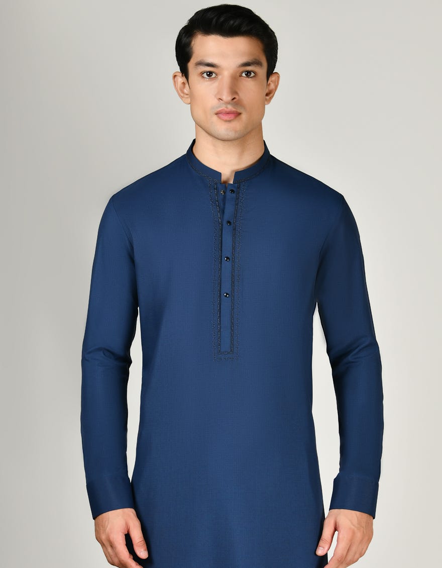 Dark Blue Blended Men's Kameez Shalwar | Jjks-A-32987