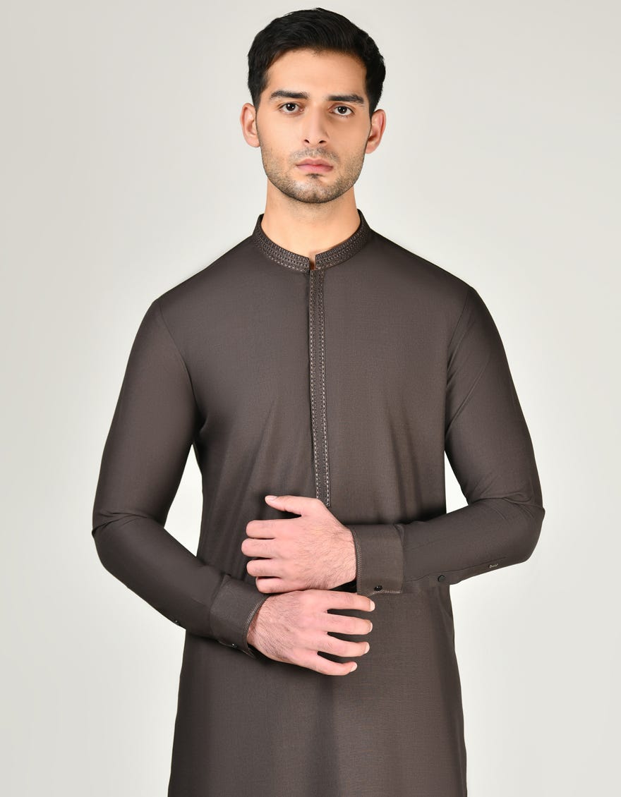 Brown Blended Men's Kameez Shalwar | Jjks-A-32988