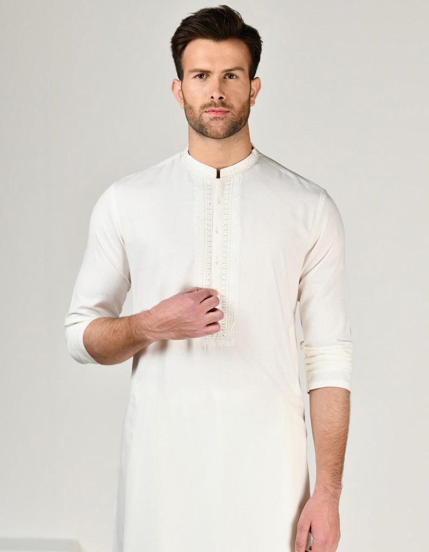 Off White Blended Men's Kameez Shalwar | Jjks-A-32989