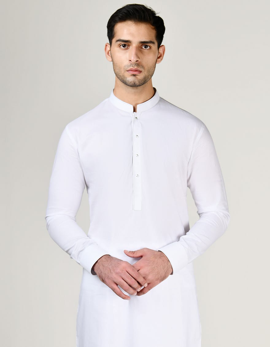 White Cotton Men's Kameez Shalwar | Jjks-A-32990